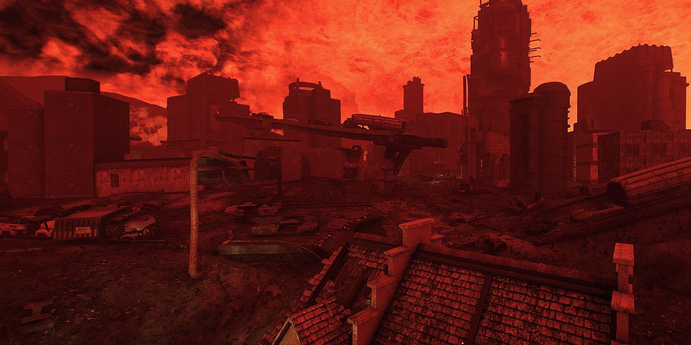 A red-tinted atomic Commonwealth in Fallout 4