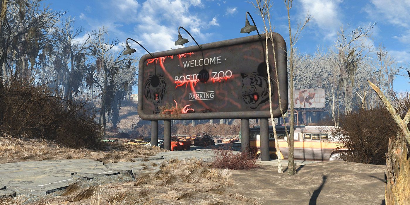 A dilapidated billboard of a zoo in Fallout 4