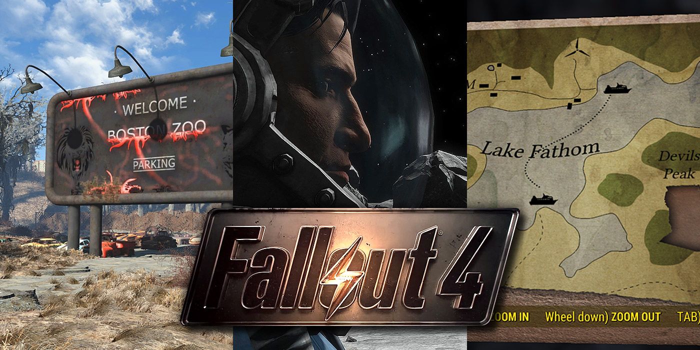 Split image of an old billboard, a player in a space helmet and a custom map in Fallout 4