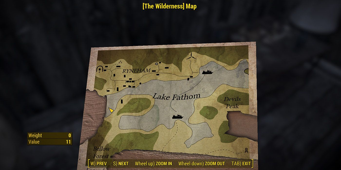 A shot of a map from the Wilderness Fallout 4 mod