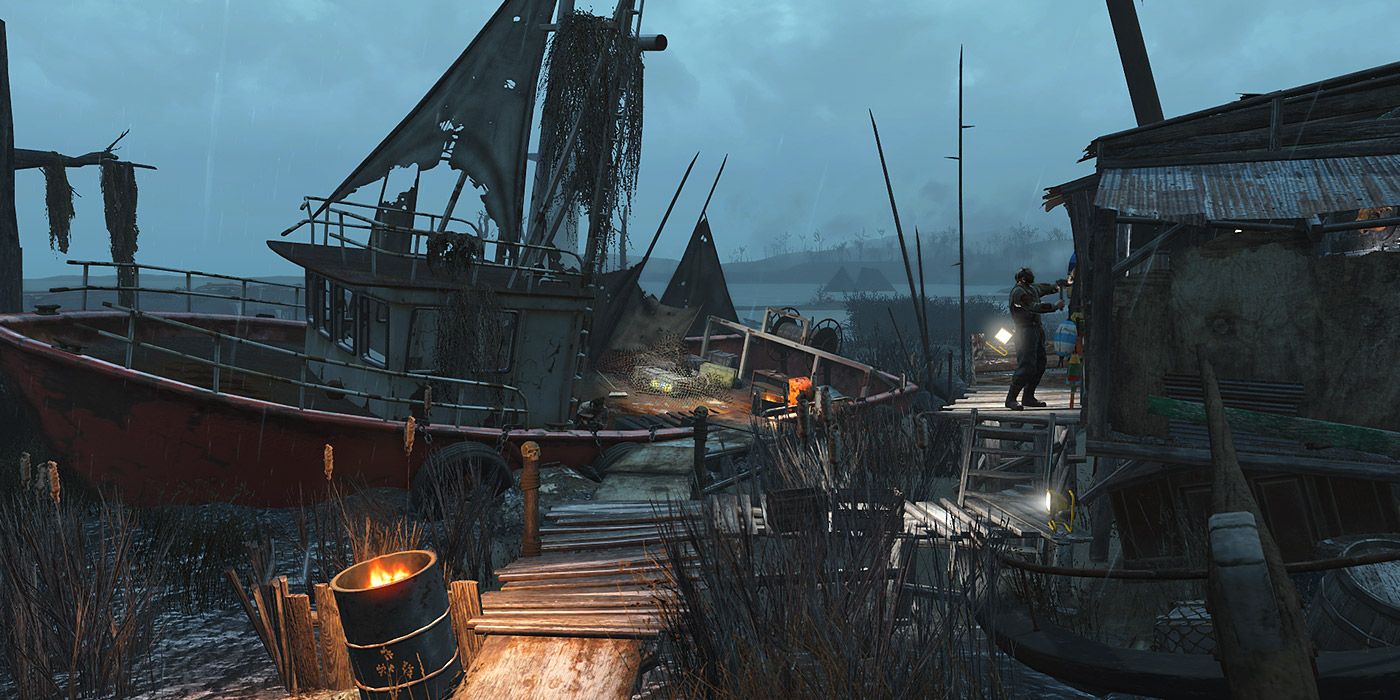 A dilapidated and run down dock in Fallout 4