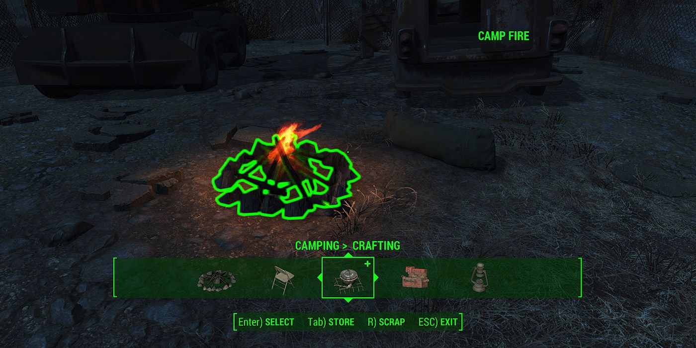 Setting up a campfire in the Commonwealth in Fallout 4