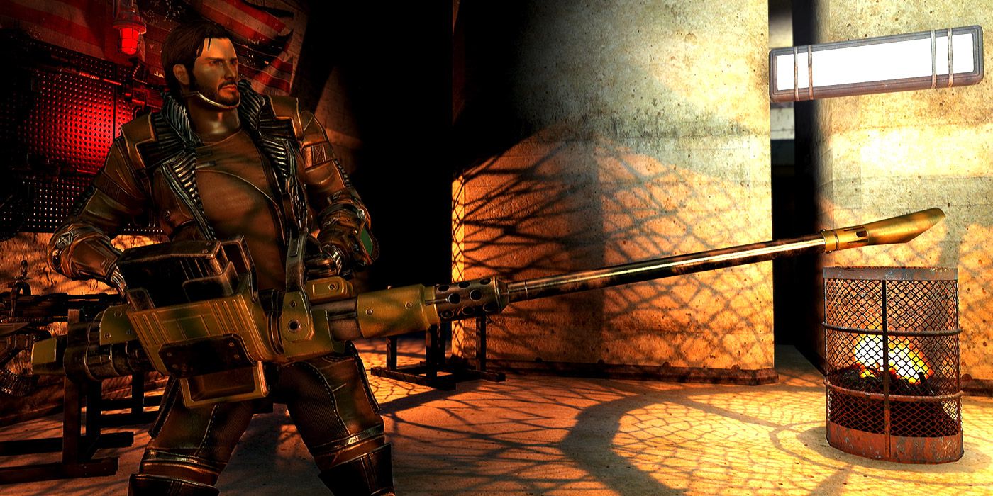 A man holding an enormous machine gun in Fallout 4