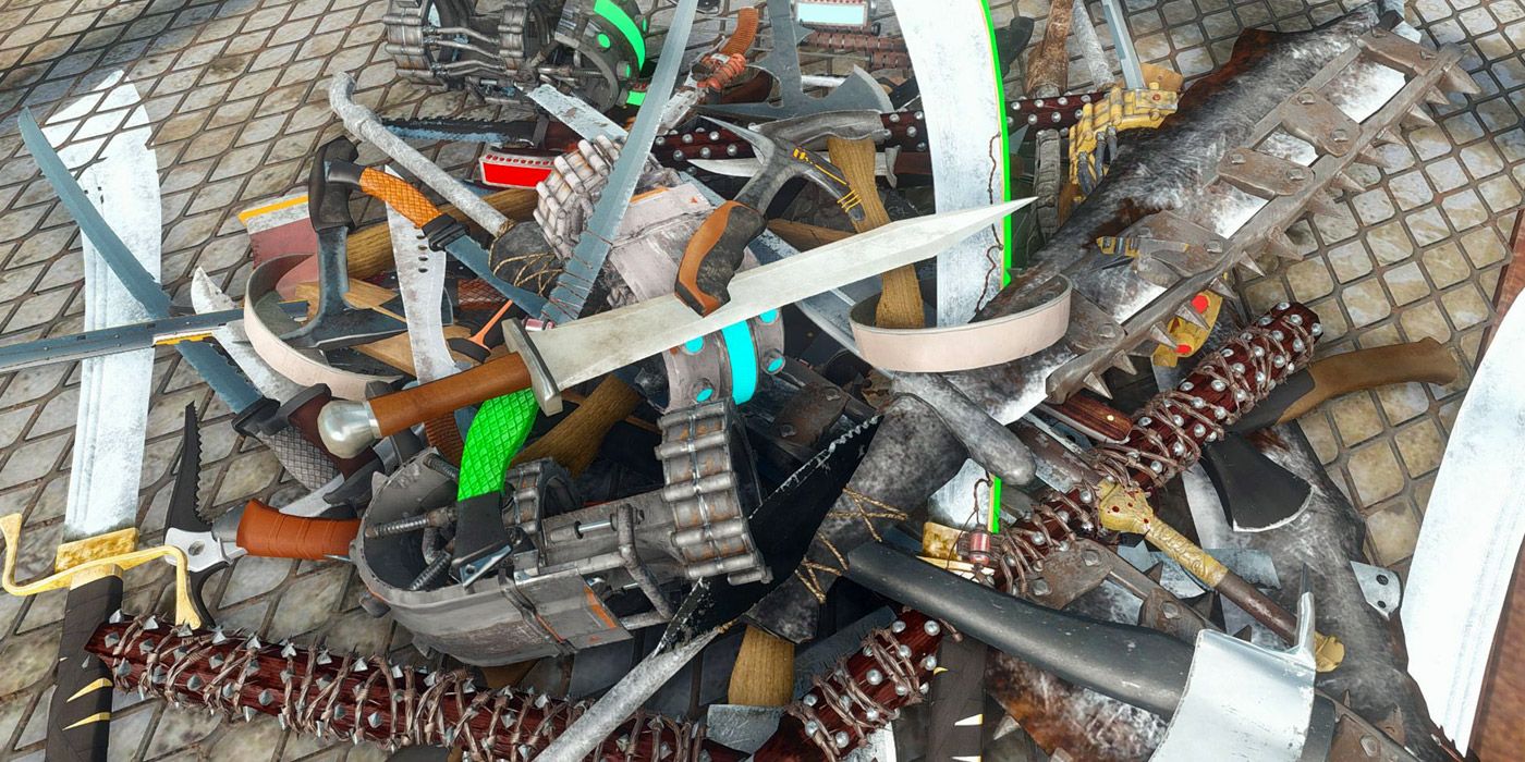 A pile of various melee weapons in Fallout 4