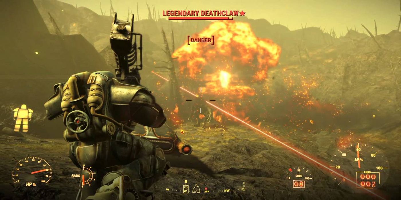A Fallout player in power armor launching a rocket from a Fat Man.