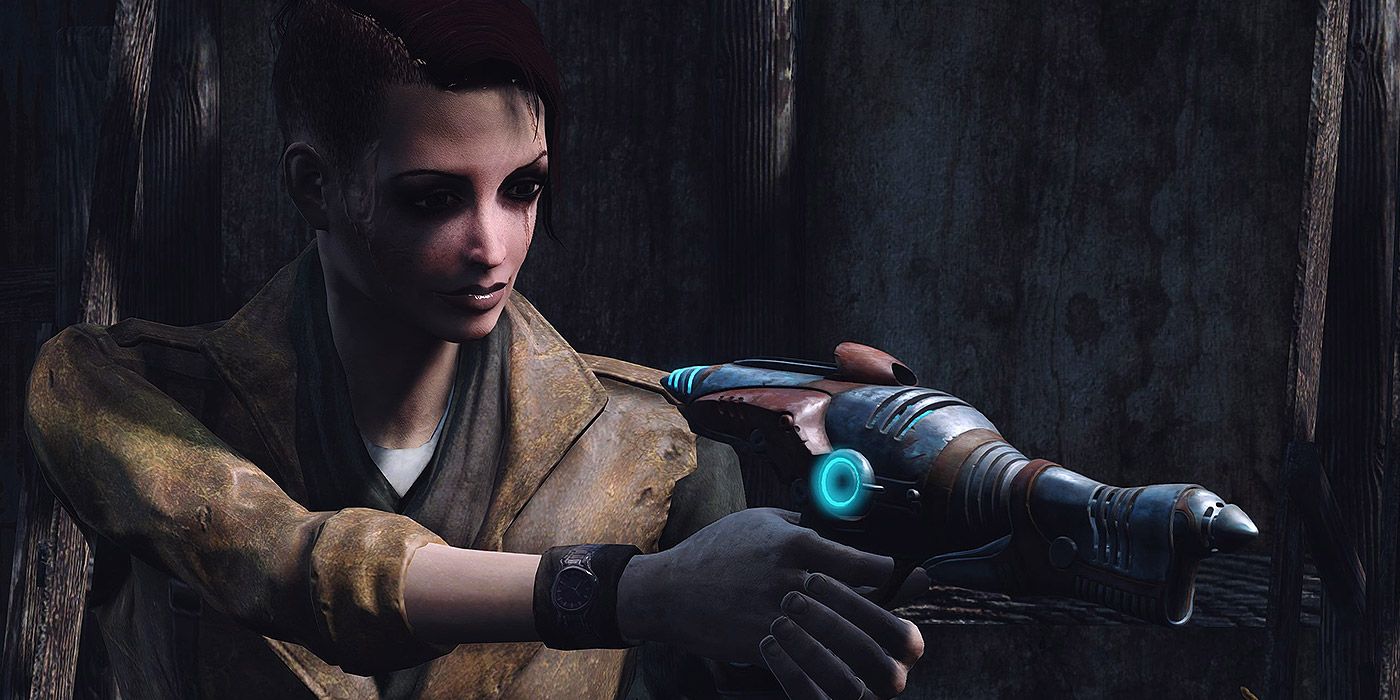 A female character holding an alien blaster in Fallout