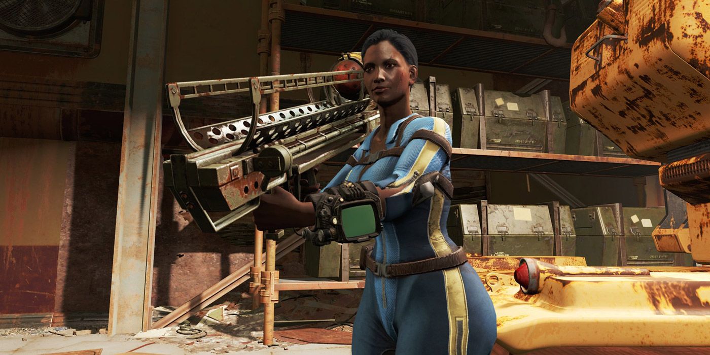 Uma personagem feminina segurando um lançador Fat Man no ombro em Fallout