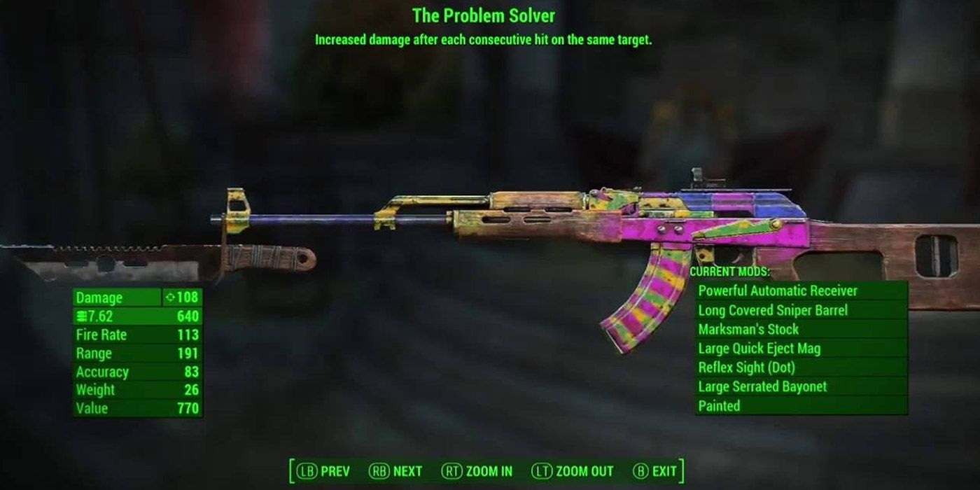 A shot of the Problem Solver rifle with a wild paint job in Fallout