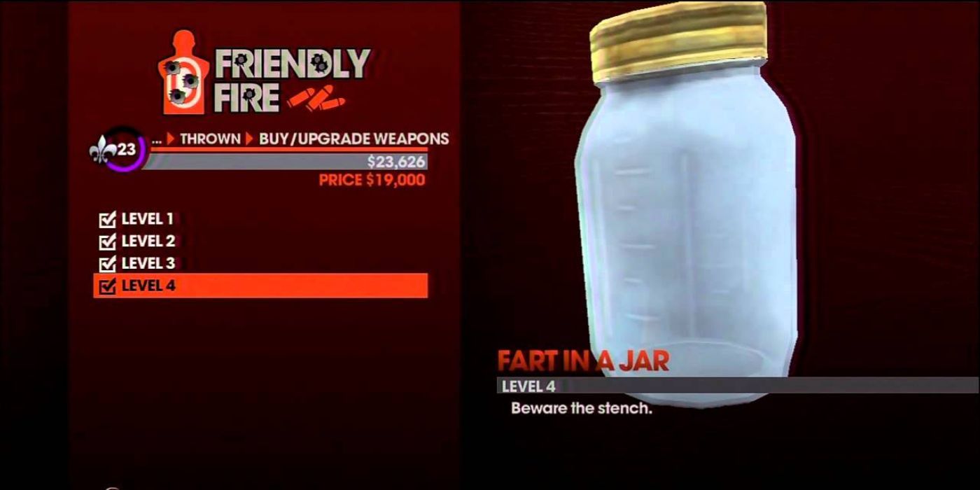 A photo of the Fart in a Jar weapon in the weapon selection screen in Saints Row The Third.