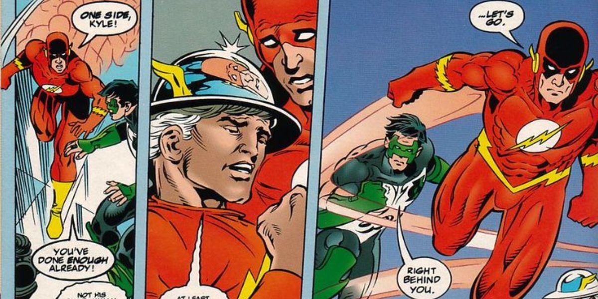Three panels showing Wally West talking to Jay Garrick and Green Lantern in Faster Friends.