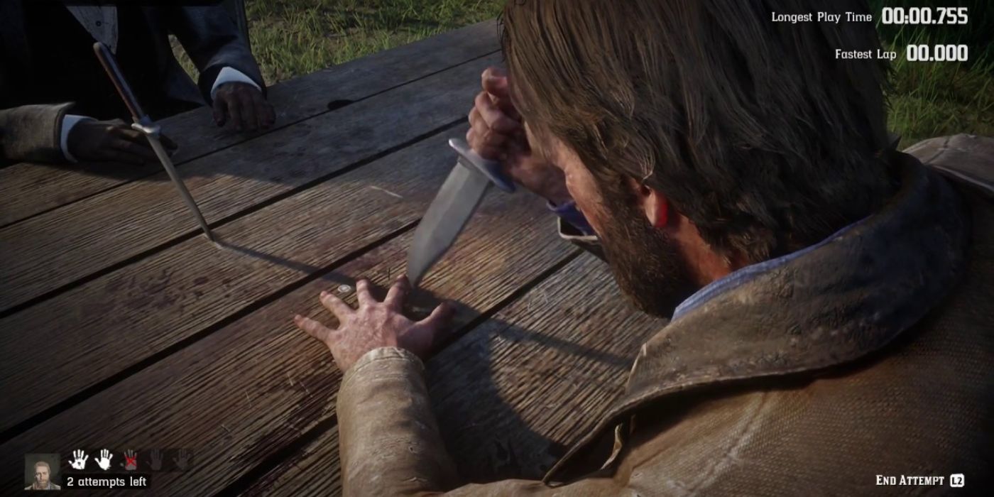 Arthur Morgan holding a knife above his hand while playing Five Finger Fillet in Red Dead Redemption 2