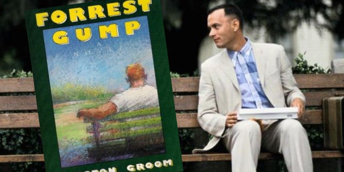 Imagen dividida de la portada del libro de Forrest Gump y Tom Hanks en la película