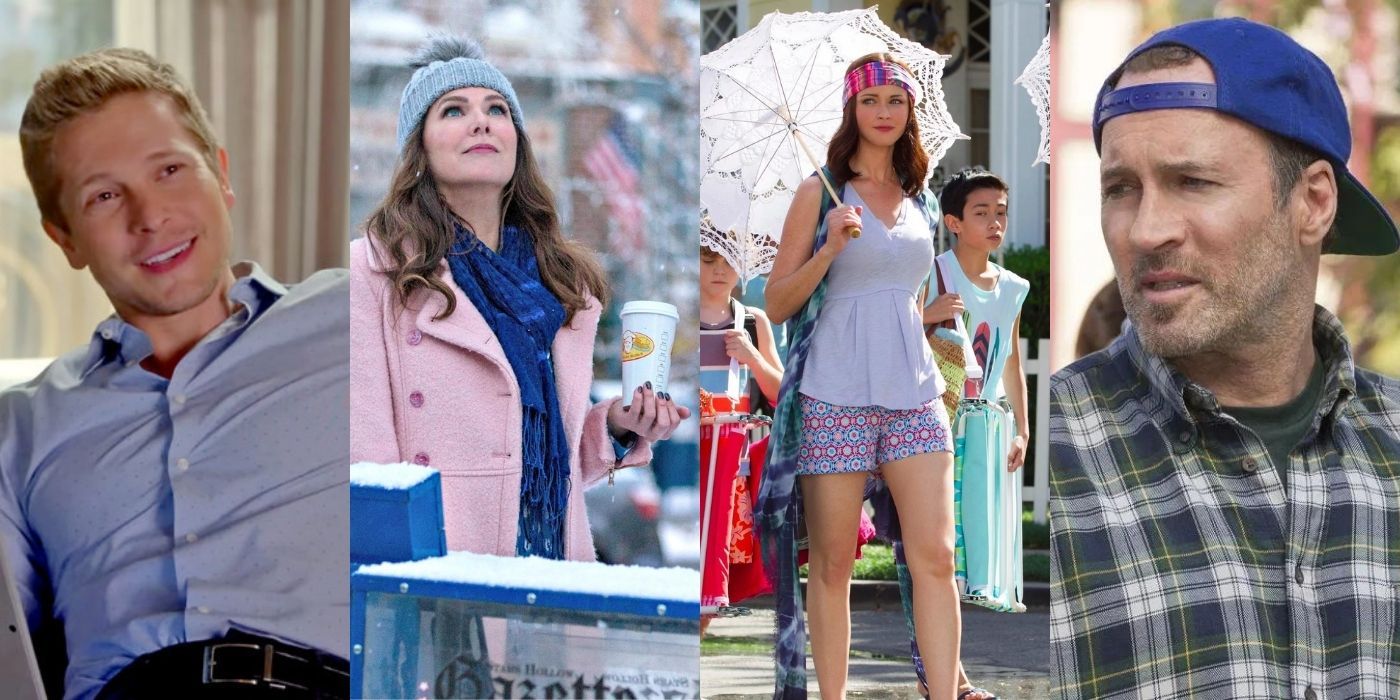 Split image of Logan, Lorelai, Rory, and Luke from Gilmore Gilrs A Year in the Life.