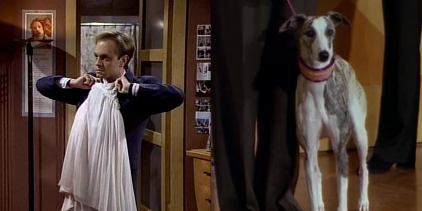 Two side by side images of Niles and a dog in Frasier.