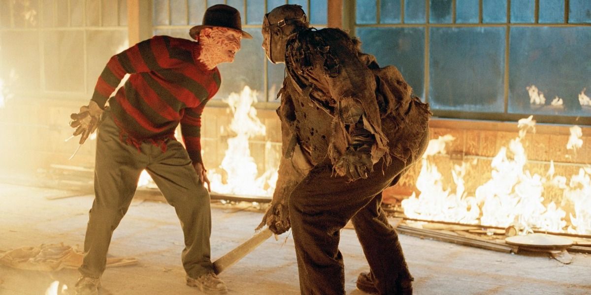 Jason battles Freddy in a burning building.