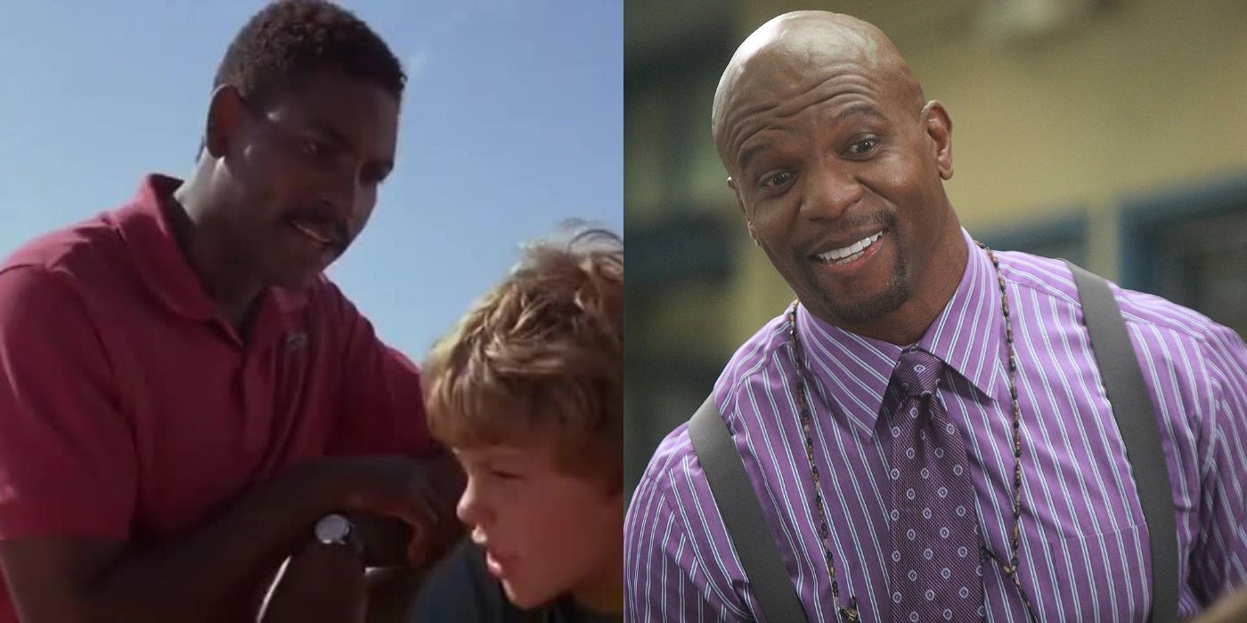 Split image showing Dwight in Free Willy and Terry Crews in Brooklyn 99