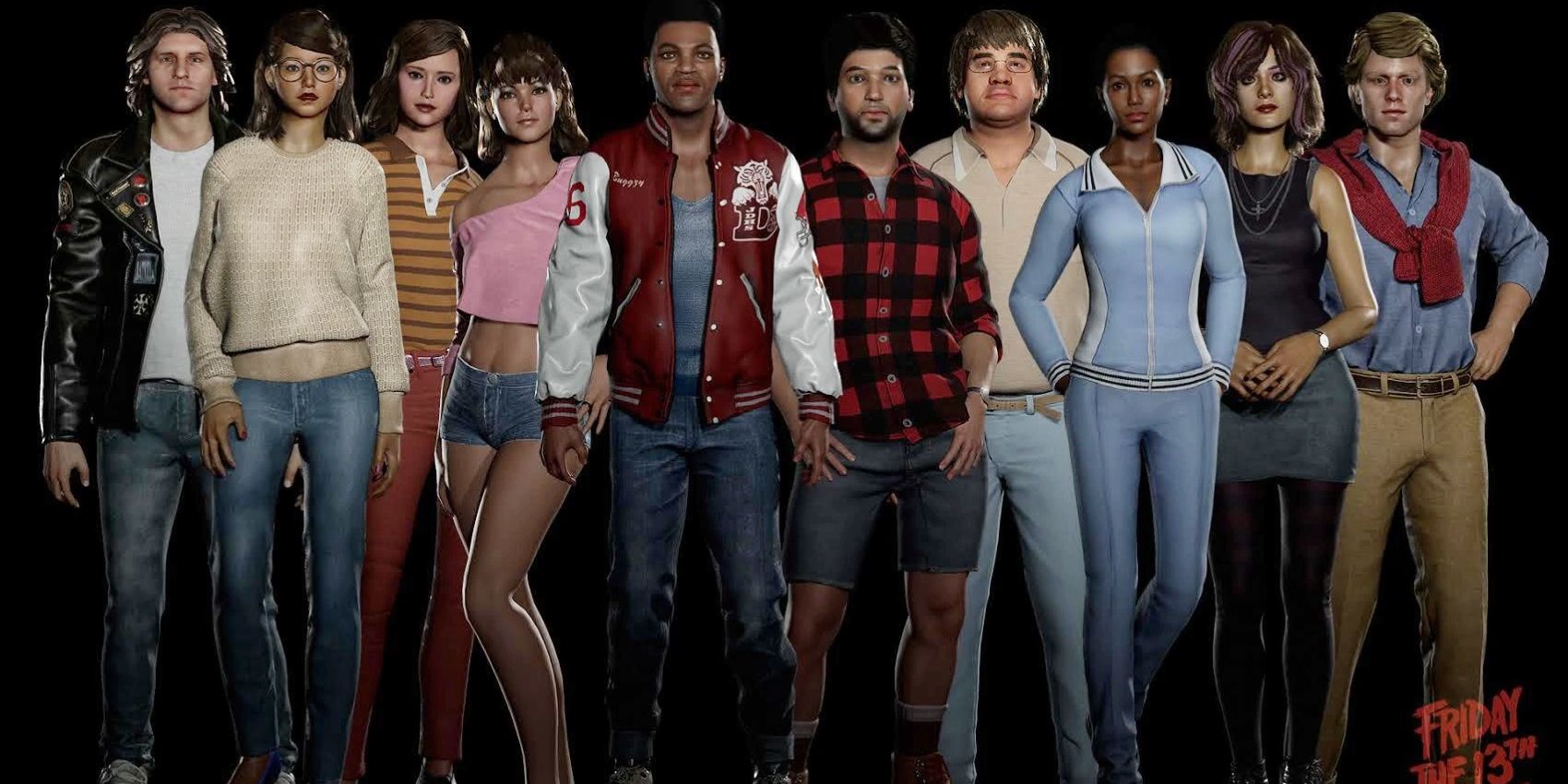 Group shot of the 10 main counselors in Friday the 13th: The Game.