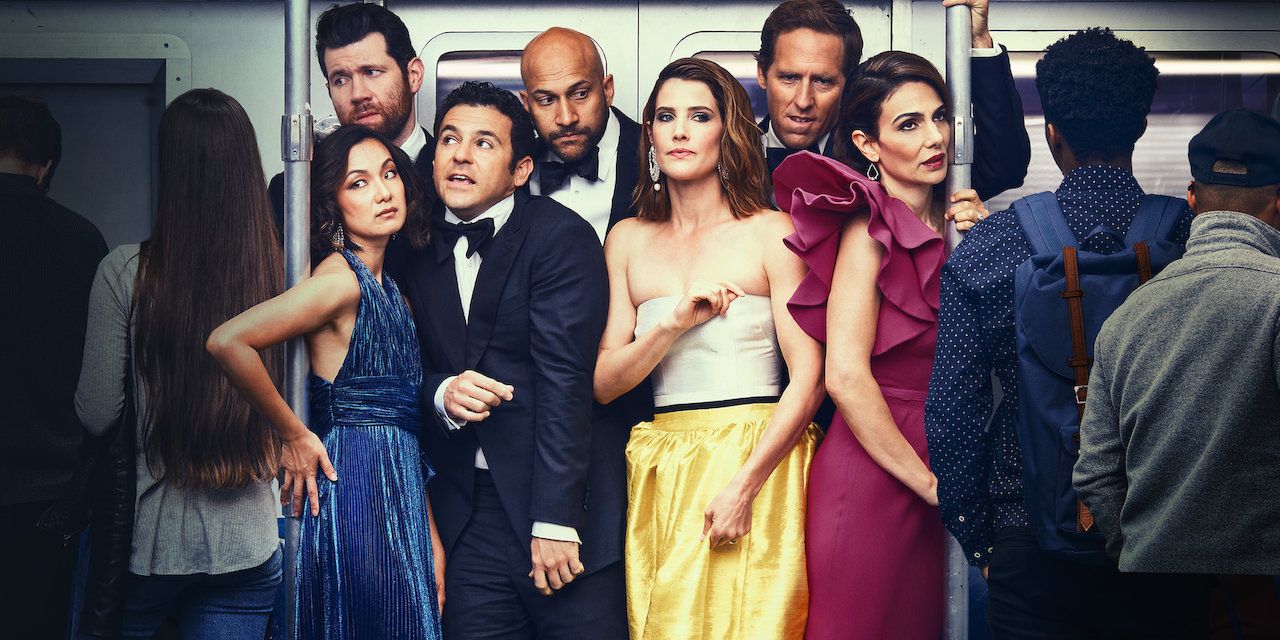 Promotional poster of Friends From College where the cast stands in a crowded train.