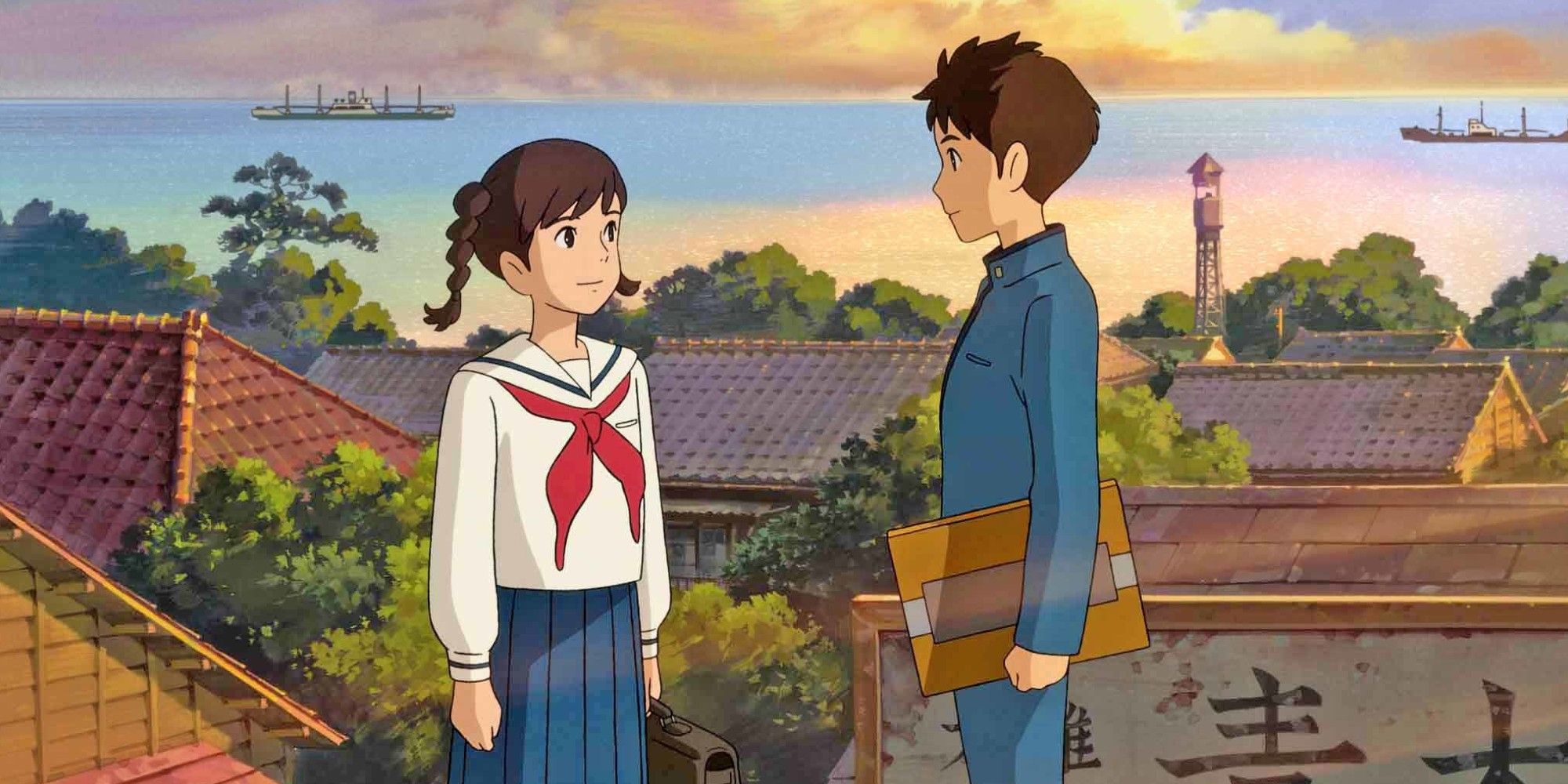 Two characters stand on a hill in From Up On Poppy Hill