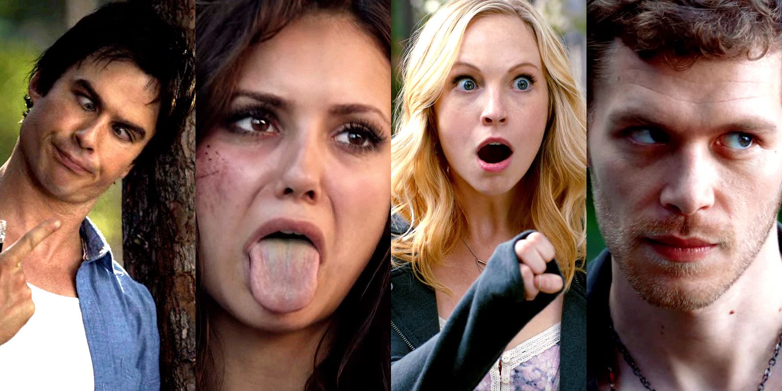 Split image of Damon, Katherine, Caroline, and Klaus making funny faces in The Vampire Diaries.