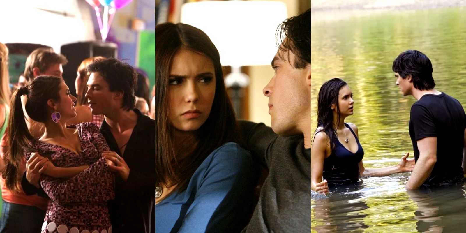 Split image of Damon and Elena's funniest scenes in The Vampire Diaries.
