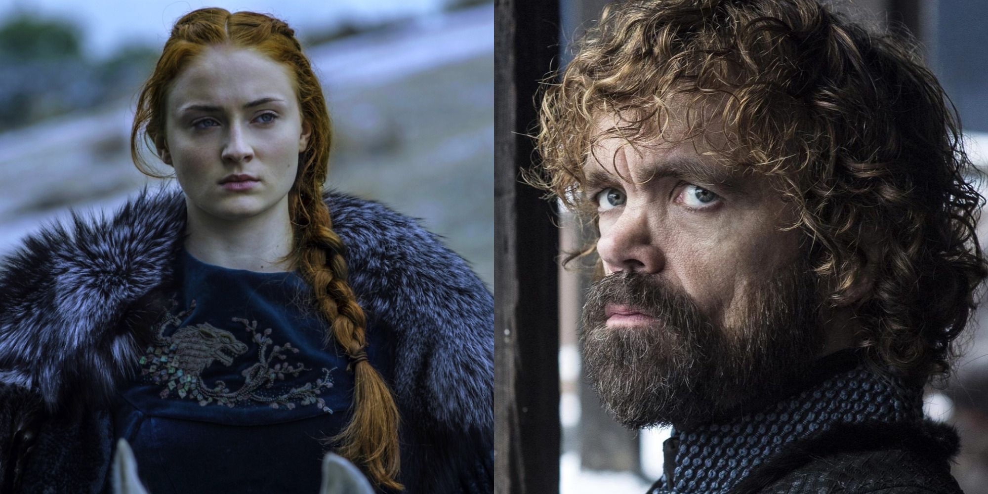 Split image of Sansa Stark and Tyrion Lannister in Game of Thrones