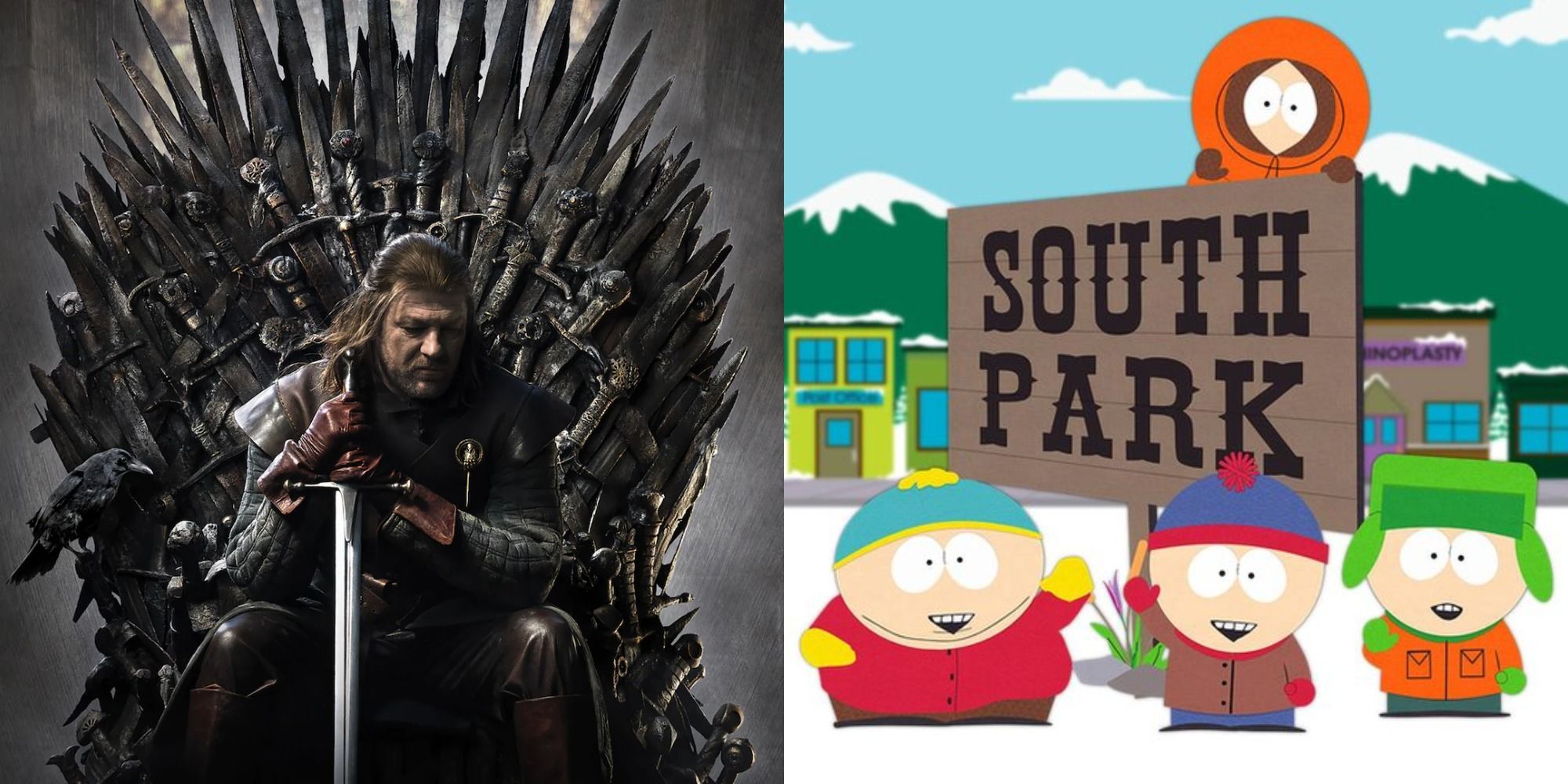 Split image of Ned Stark on the Iron Throne and the cast of South Park