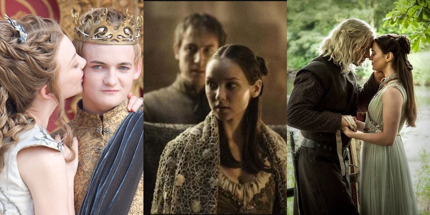 Split image of Margaery kissing Joffrey's cheek, Edmure cloaking Roslin, and Rhaegar embracing Lyanna in Game of Thrones