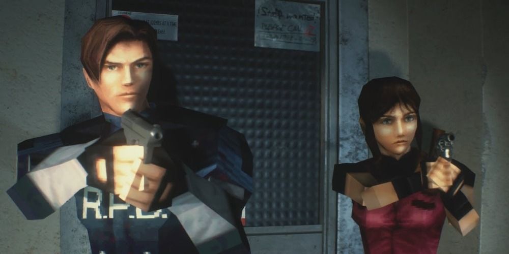 Leon and Claire hold firearms in Resident Evil 2 (1998) on PS1
