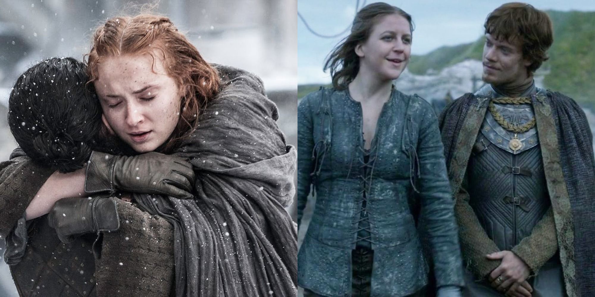 Split image of Sansa hugging Jon and Yara with Theon in Game of Thrones