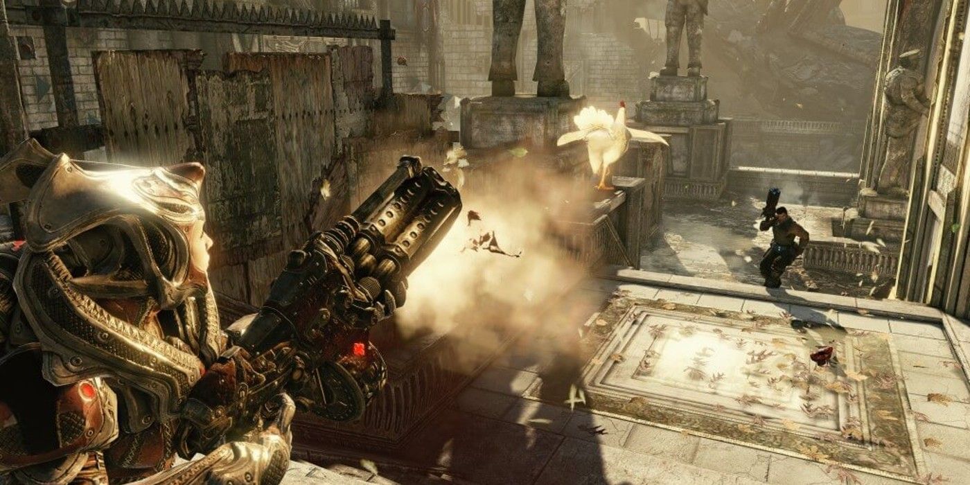 The player shoots a chicken out of a gun in Gears of War 3.