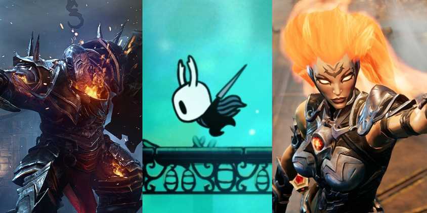 Stills from Lords of the Fallen, Hollow Knight, and Darksiders 3, pictured side by side.