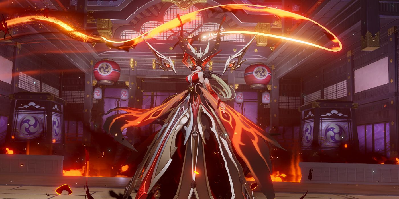 Genshin Impact's La Signora holds a Pyro whip in the second phase of her boss fight.