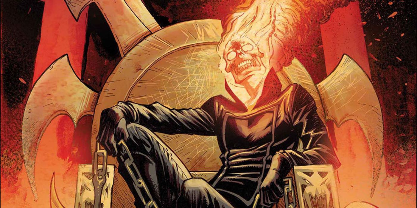 Ghost Rider on Mephisto's throne in Marvel Comics.