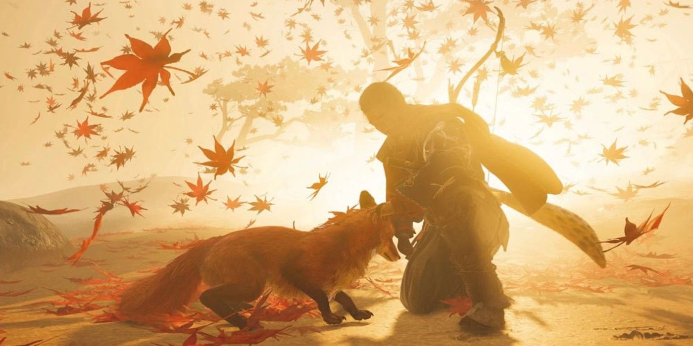 Jin petting a fox as leaves fall around them in Ghost of Tsushima.