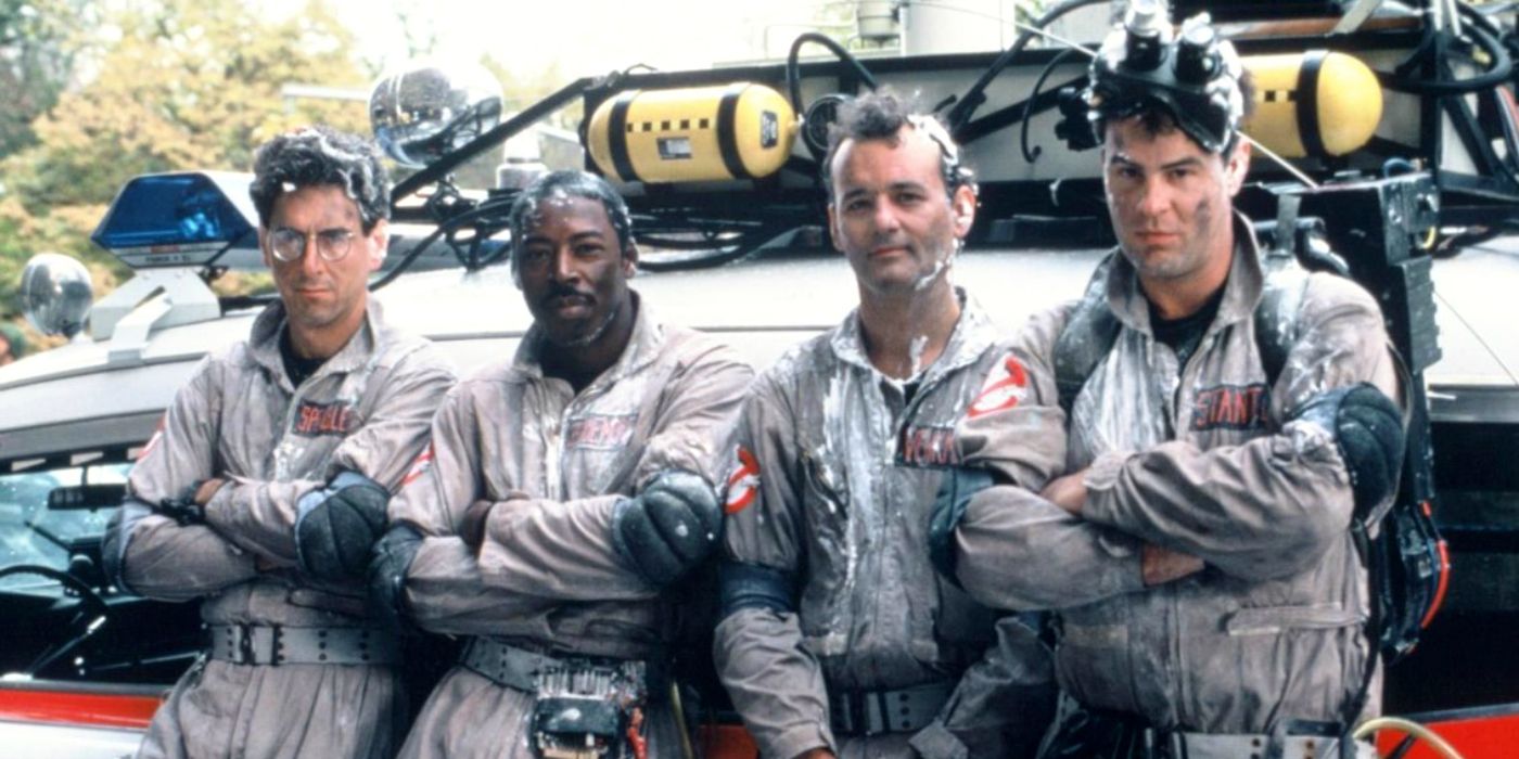 The main characters in Ghostbusters posing for a picture