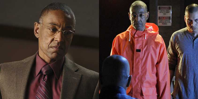 Giancarlo Esposito as Gus Fring in Breaking Bad and Better Call Saul split image
