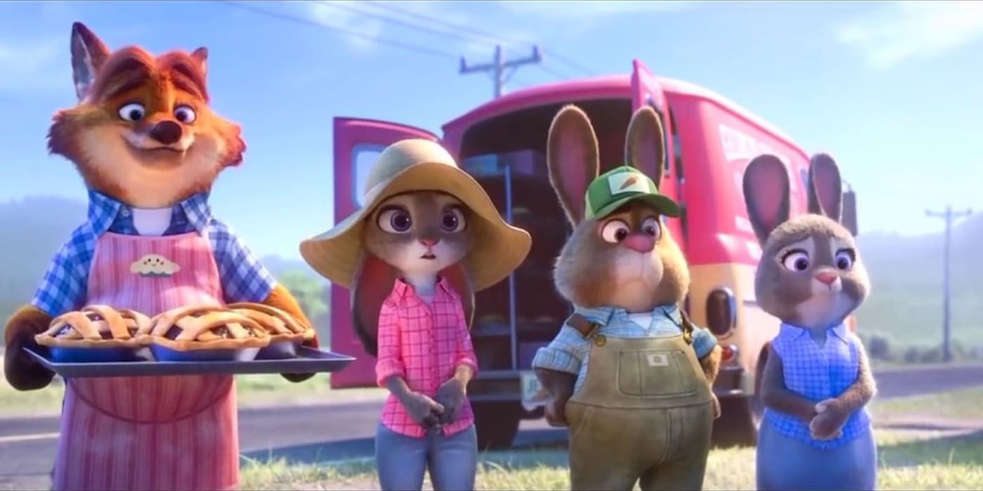 Gideon and the Hopps family standing in Zootopia