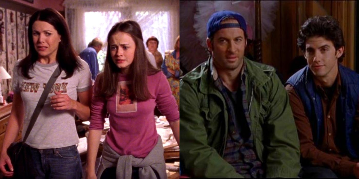 Split image of Lorelai and Rory looking upset and Luke sitting with Jess on Gilmore Girls