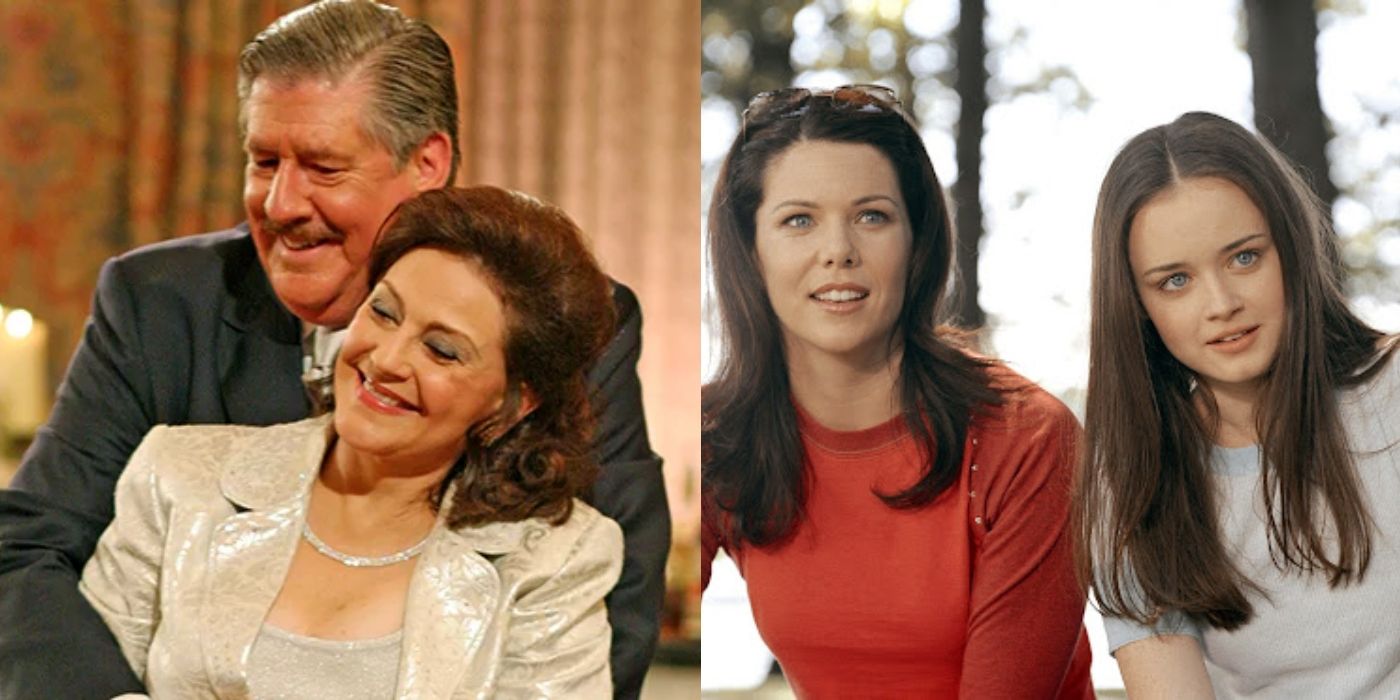 Split image of Emily and Richard smiling and Lorelai and Rory on Gilmore Girls