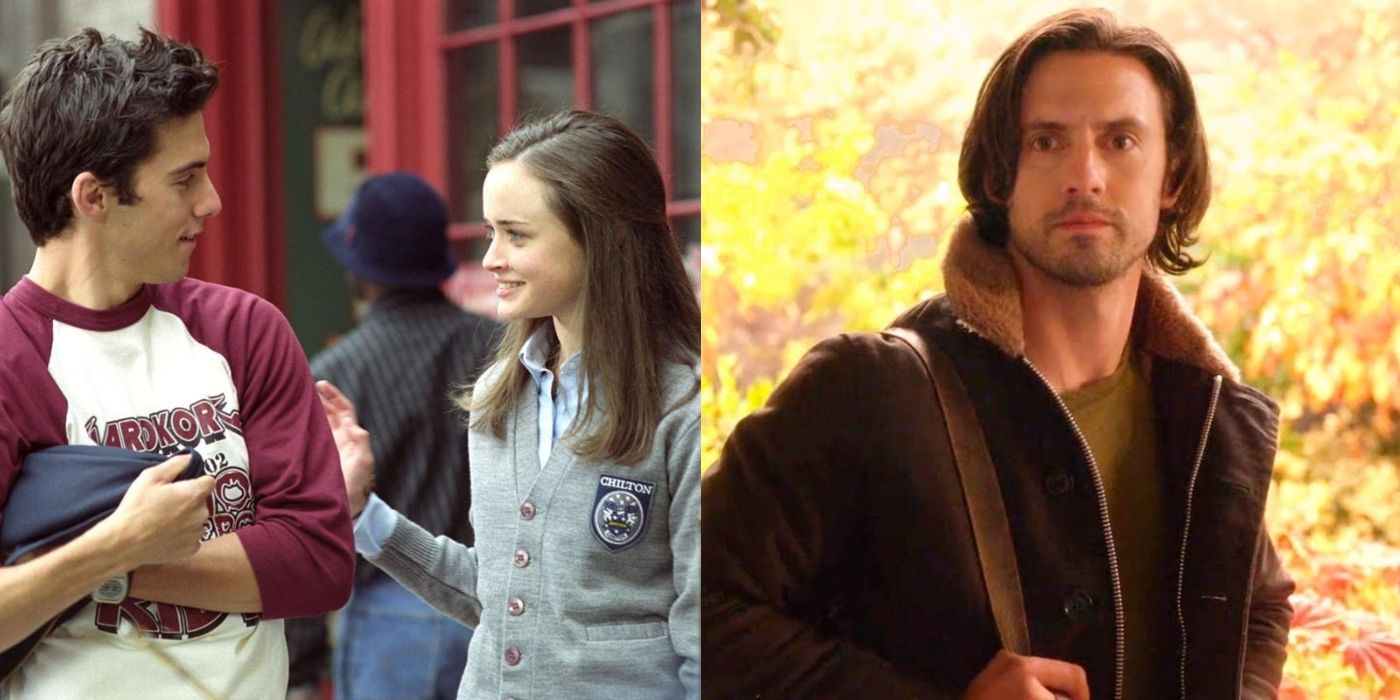 Split image of Jess and Rory smiling and Jess in the revival of Gilmore Girls