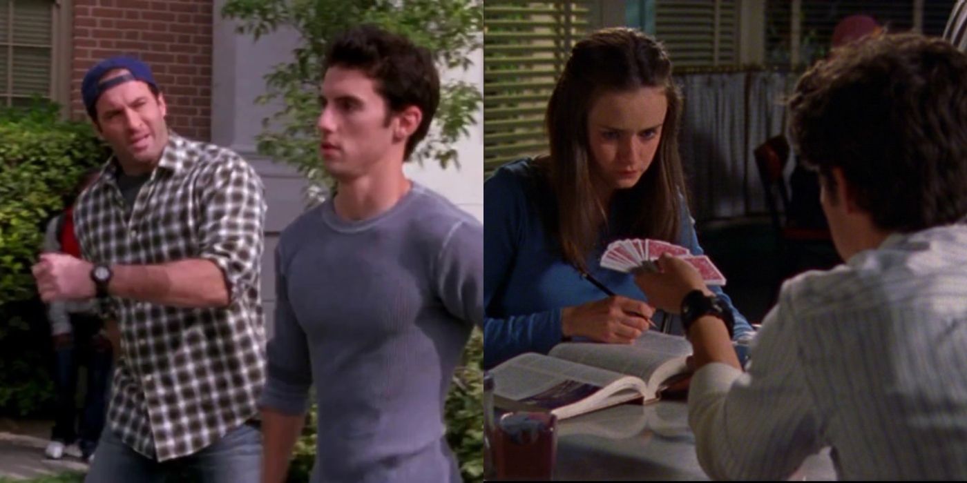 Split image of Luke talking to Jess and Rory and Jess at Luke's diner on Gilmore Girls