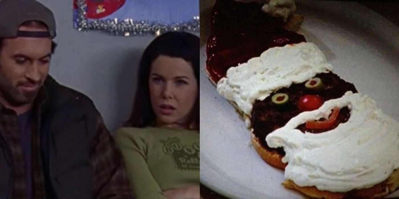 Split image of Luke and Lorelai and the Santa burger on GIlmore Girls