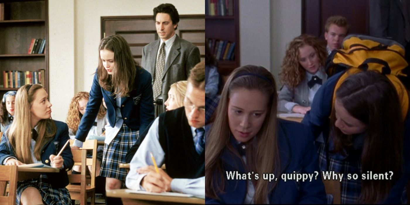 Split image of Rory in English class and Rory getting in Paris's face in Gilmore Girls