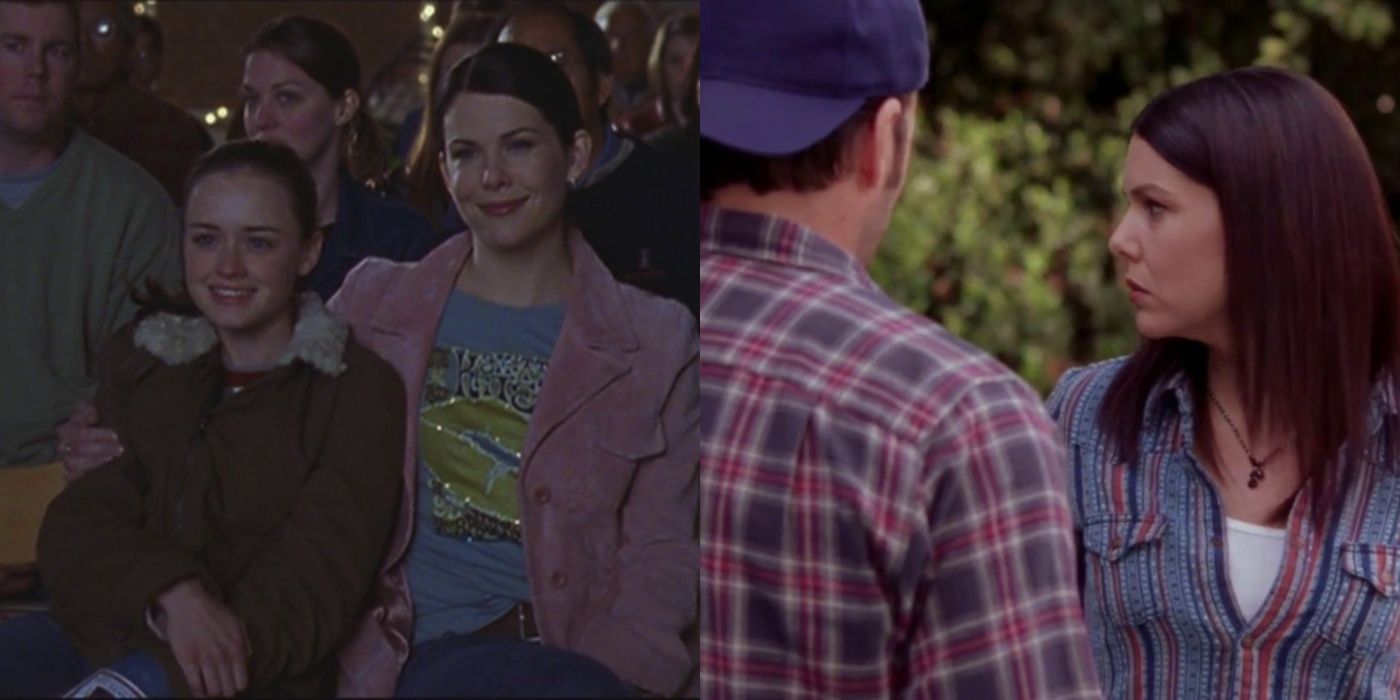 Split image of Rory and Lorelai at the movies and Luke and Lorelai fighting on Gilmore Girls