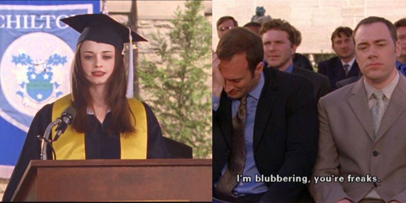 Split image of Rory making valedictorian speech and Luke crying on Gilmore Girls