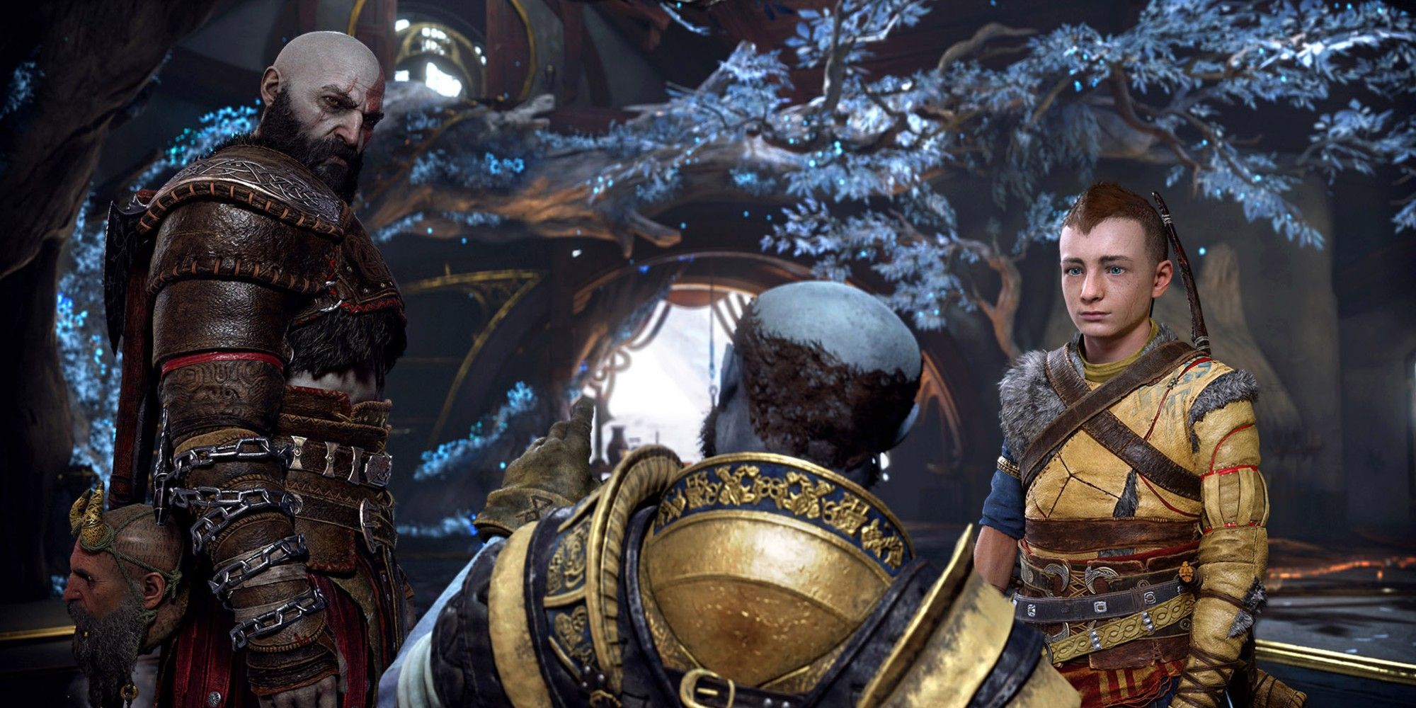 Kratos and Atreus listen to Brok talk in God Of War Ragnarok.