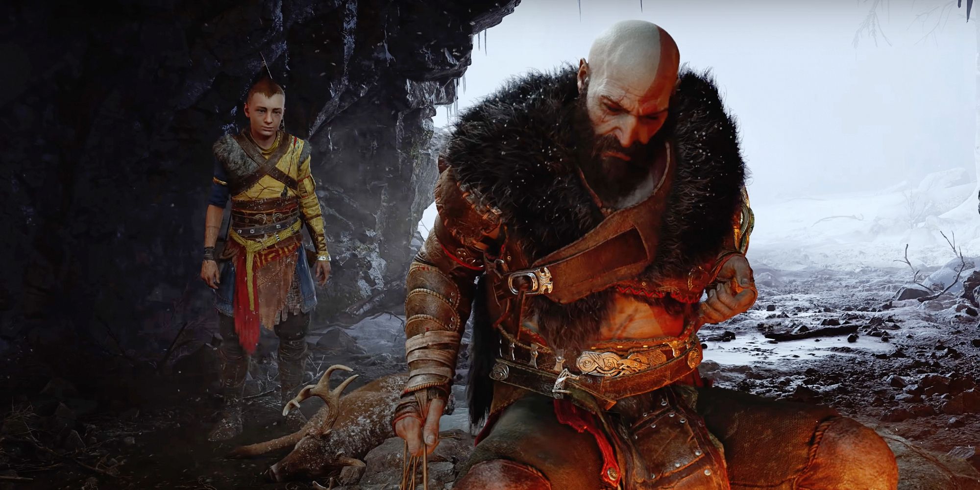 Kratos and Atreus gather food around a campfire in God of War Ragnarok.