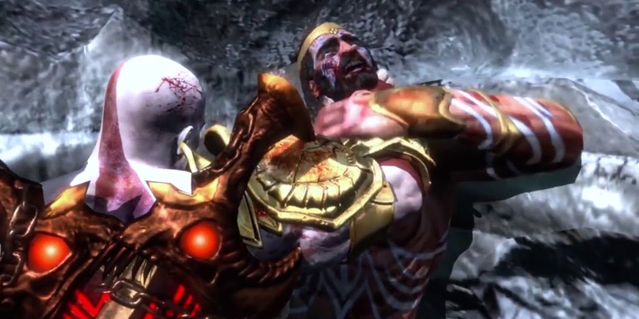 Kratos chokes Poseidon in God of War III