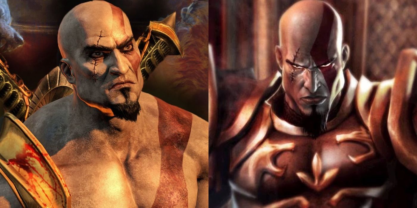 Split image of Kratos from the God of War games.
